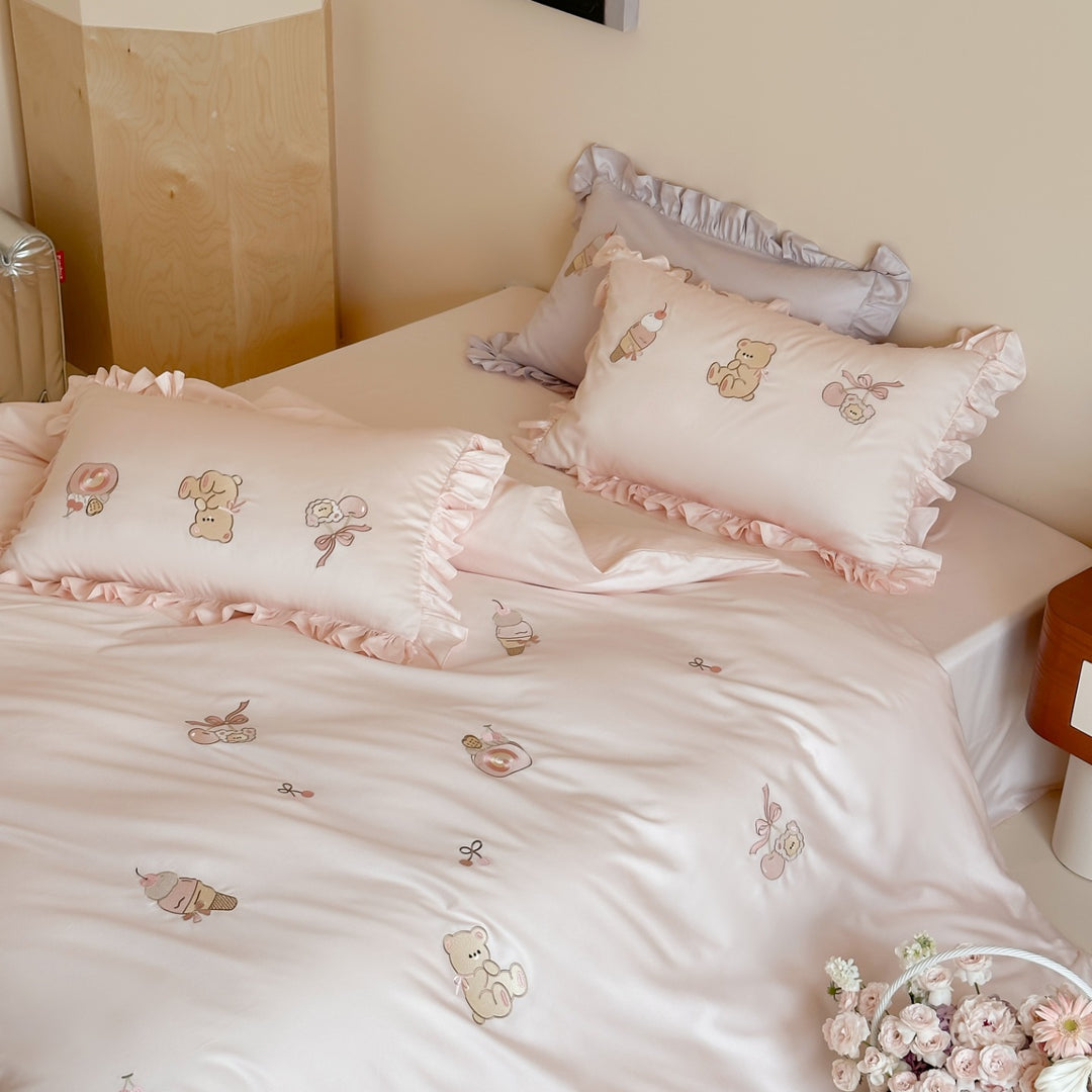 Ruffled Embroidered Cotton Sateen Duvet Cover Set with Decorative Pillowcases