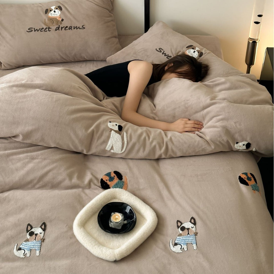 Cotton Percale Embroidered Puppy Duvet Cover and Pillowcase Set