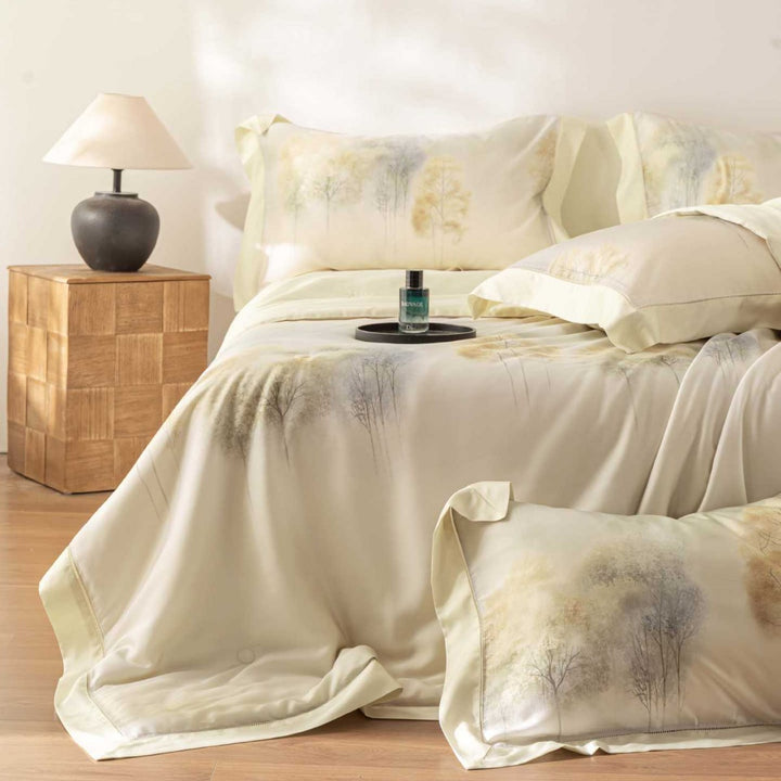 Luxurious cotton satin bedding set with delicate leaf design and hem detail