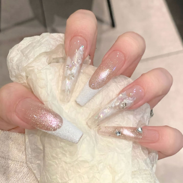 Elegant Press-On Nail Set with Floral and Gemstone Accents Stornfield