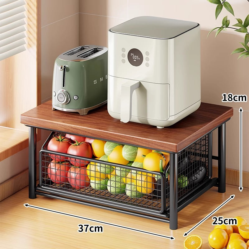 Countertop Bamboo-Top Metal Mesh Sliding Storage Shelf with Pull-Out Basket