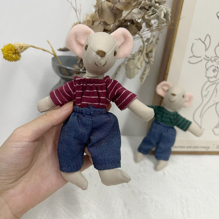 Artisan Linen Play Mouse Doll with Gingham Dress