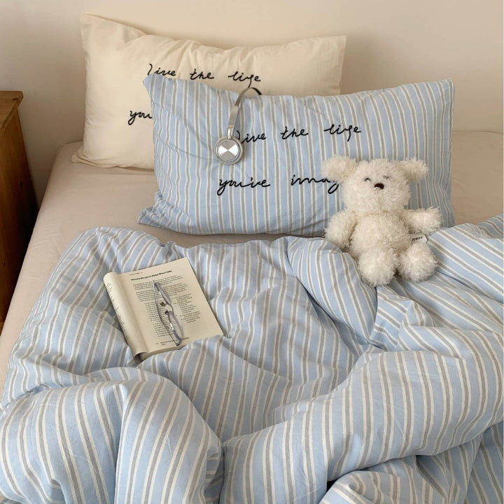 Reversible Cotton Duvet Cover Set with Script-Embroidered Pillowcases and Deep-Pocket Fitted Sheet