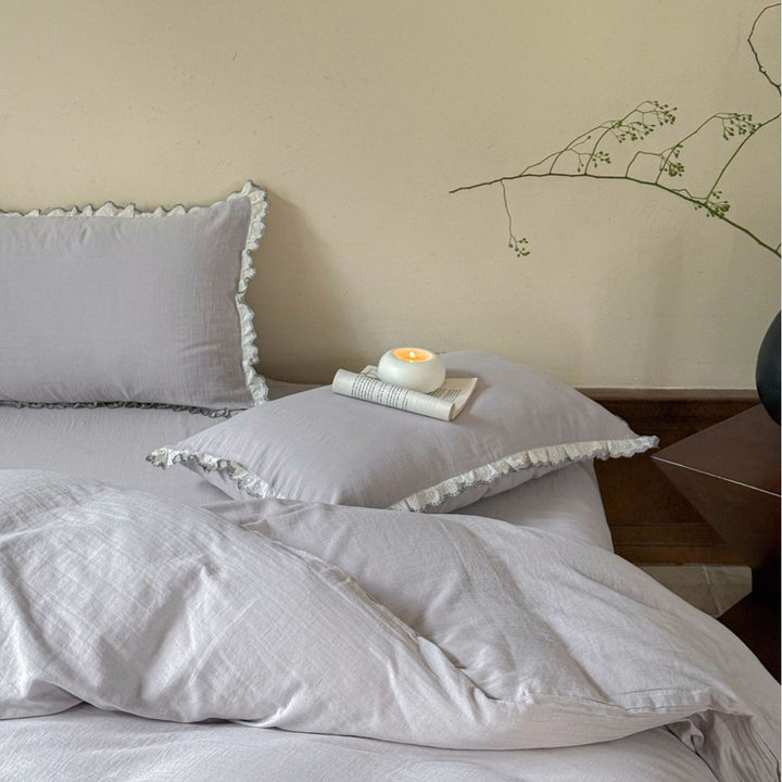 Ruffled Lace-Trim Washed Cotton Duvet Cover Set with Pillow Shams