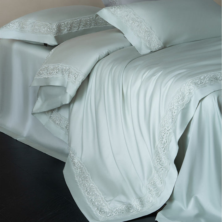 Silky Charmeuse Lace-Trim Duvet Cover Set with Concealed Closure and Matching Shams
