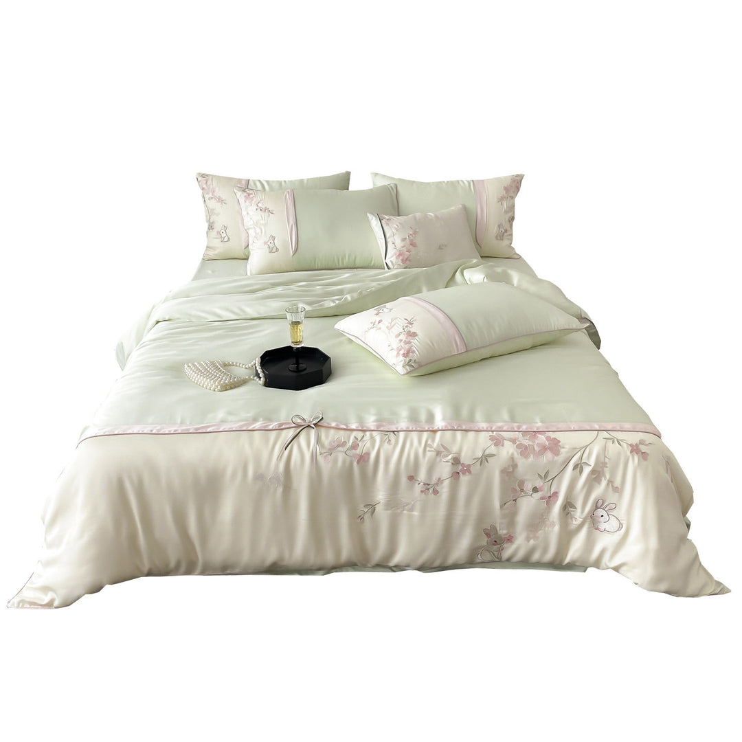Luxe Satin-Feel Botanical Embroidered Duvet Cover Ensemble with Appliqué Bunnies & Ribbon-Tie Hem