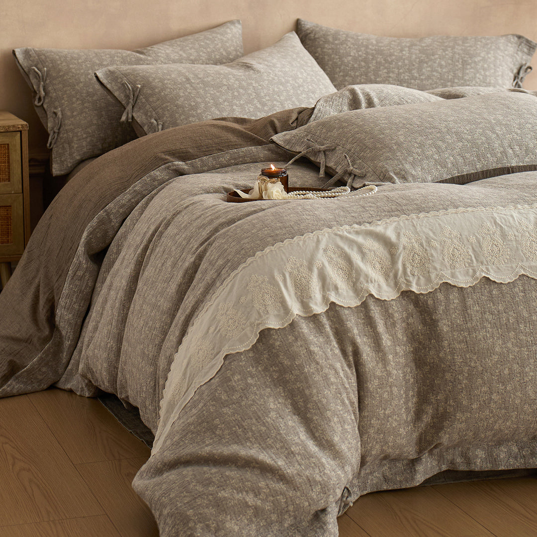 Linen-Blend Embroidered Scalloped-Trim Duvet Cover Set with Corner Tie Closures