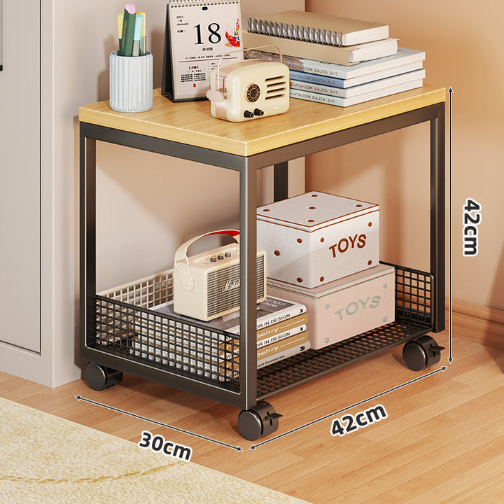 Two-Tier Rolling Mesh Storage Cart with Wood Top and Locking Casters