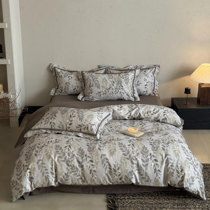 Luxury Botanical Watercolor Print Cotton Sateen Duvet Cover Set with Contrasting Hem and Euro Pillow Shams