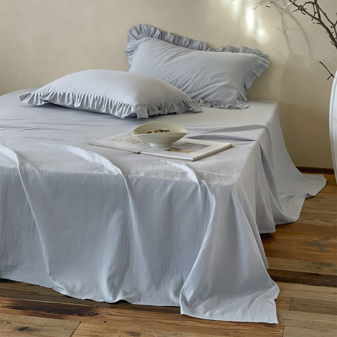 Washed Cotton-Linen Blend Ruffled Pillowcase & Flat Sheet Set