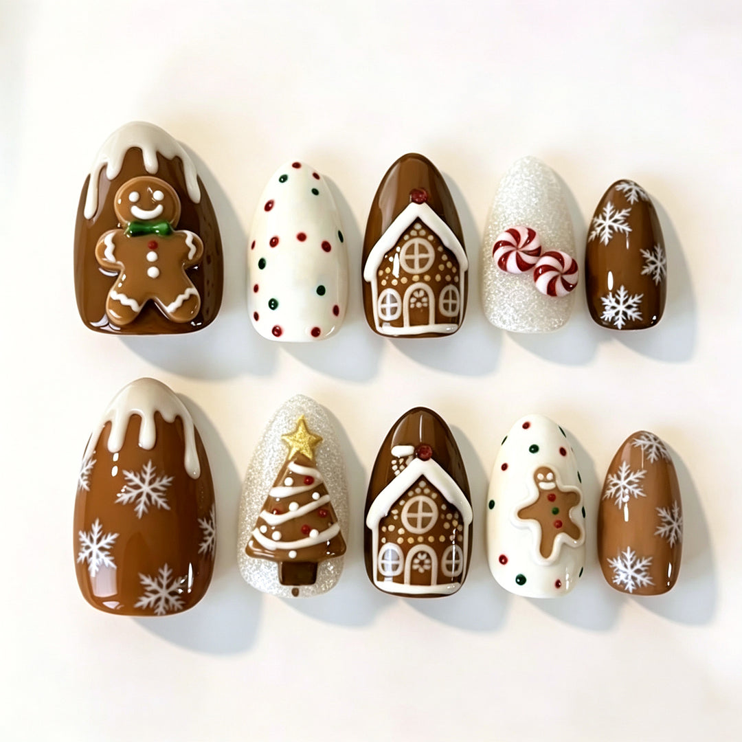 Festive Gingerbread-Themed Press-On Nail Art Set Stornfield