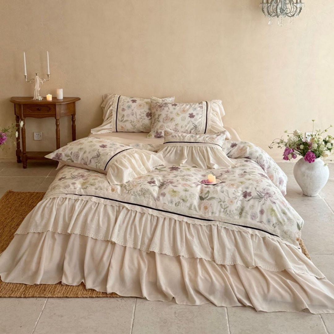Floral Ruffled Duvet Cover Set with Layered Bedskirt and Pillow Shams