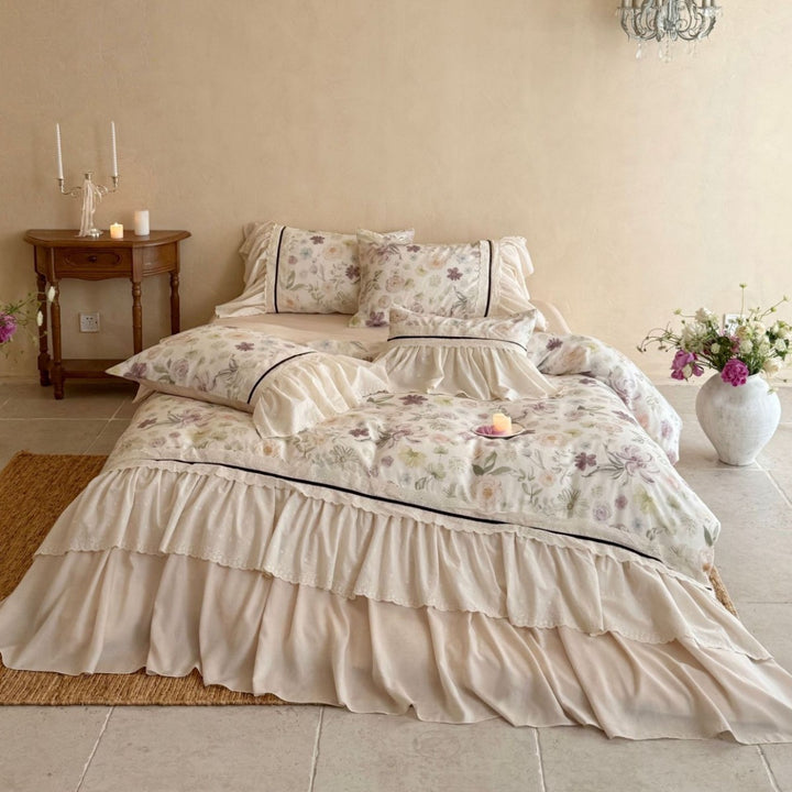 Floral Ruffled Duvet Cover Set with Layered Bedskirt and Pillow Shams