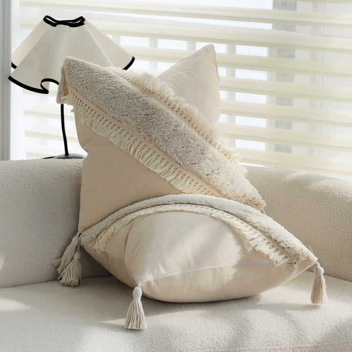 Square Boho cushion cover with diagonal teddy relief, fringes, and corner tassels Stornfield