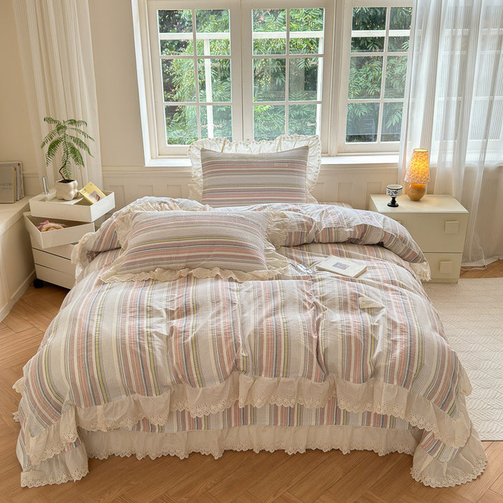 Ruffled Eyelet Lace Striped Cotton Duvet Cover Set with Frilled Pillow Shams