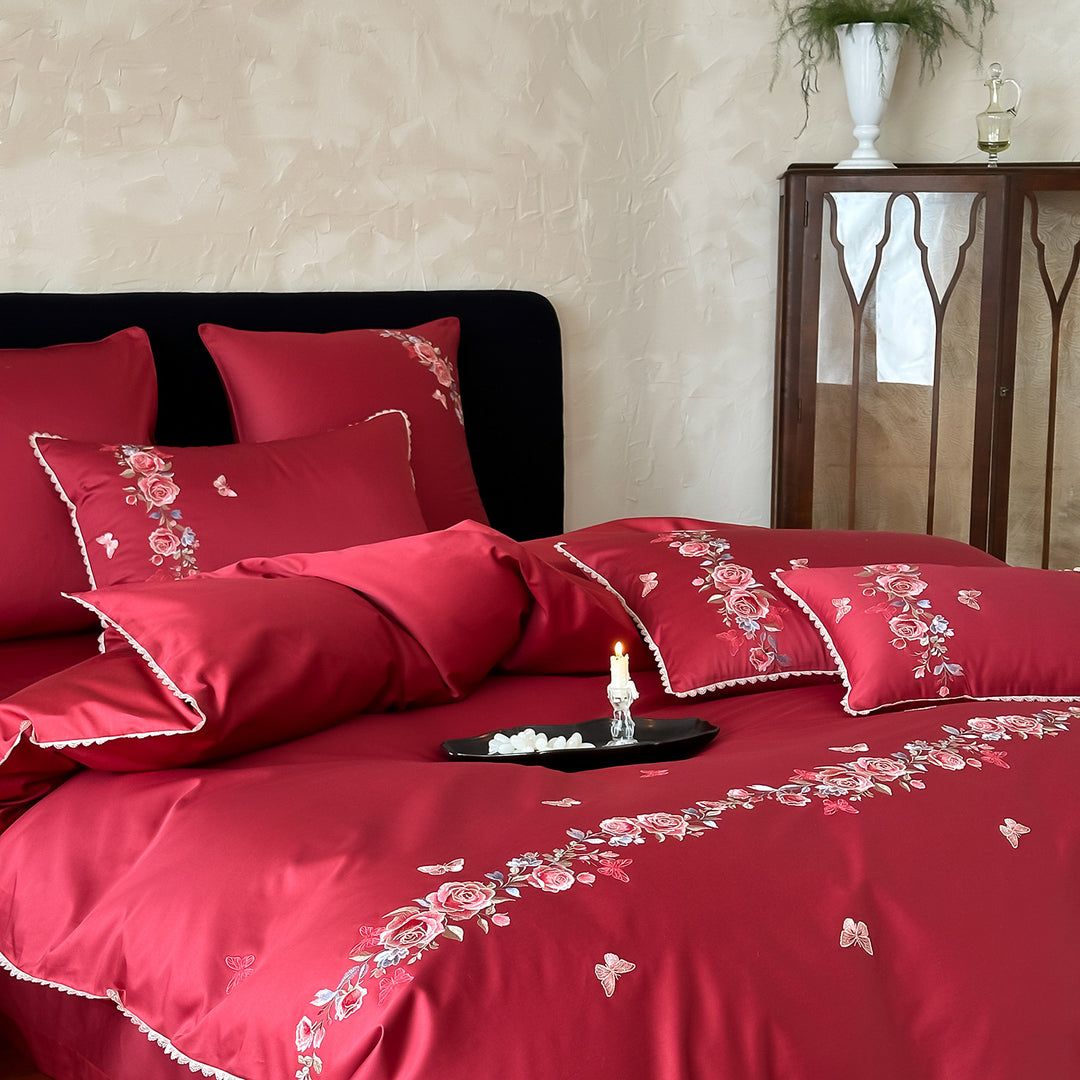 Elegant satin bedding set with fine floral embroidery and reversible design