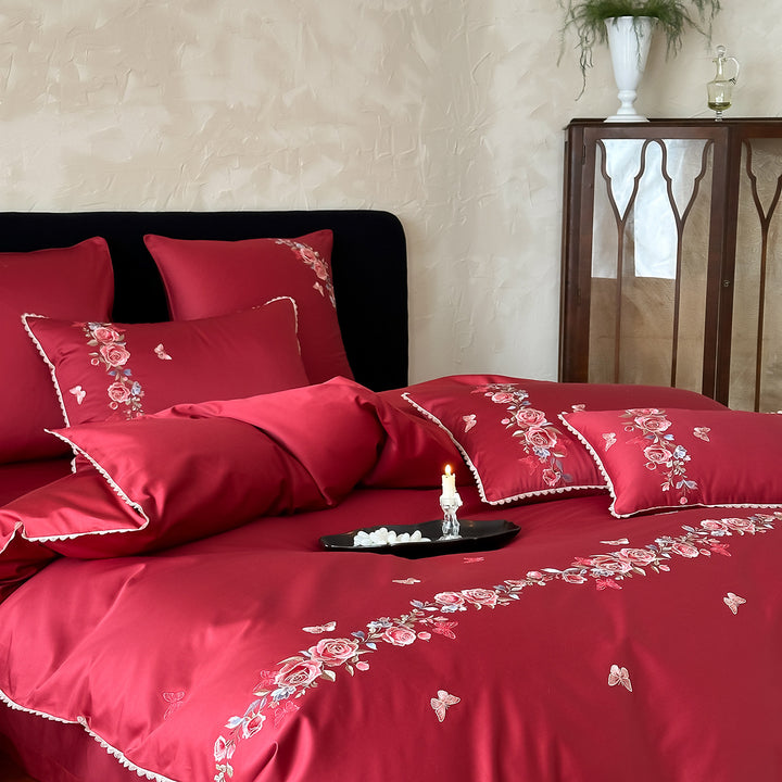Elegant satin bedding set with fine floral embroidery and reversible design
