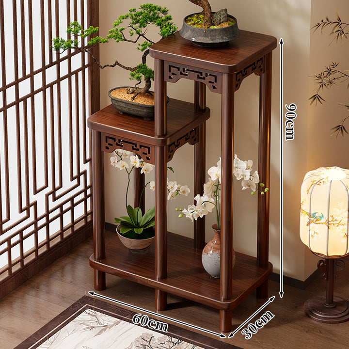 Oriental Solid Wood Tall Plant Display Pedestal Stand with Carved Apron