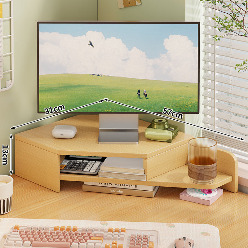 Corner Wooden Monitor Riser with Dual-Tier Storage Shelf