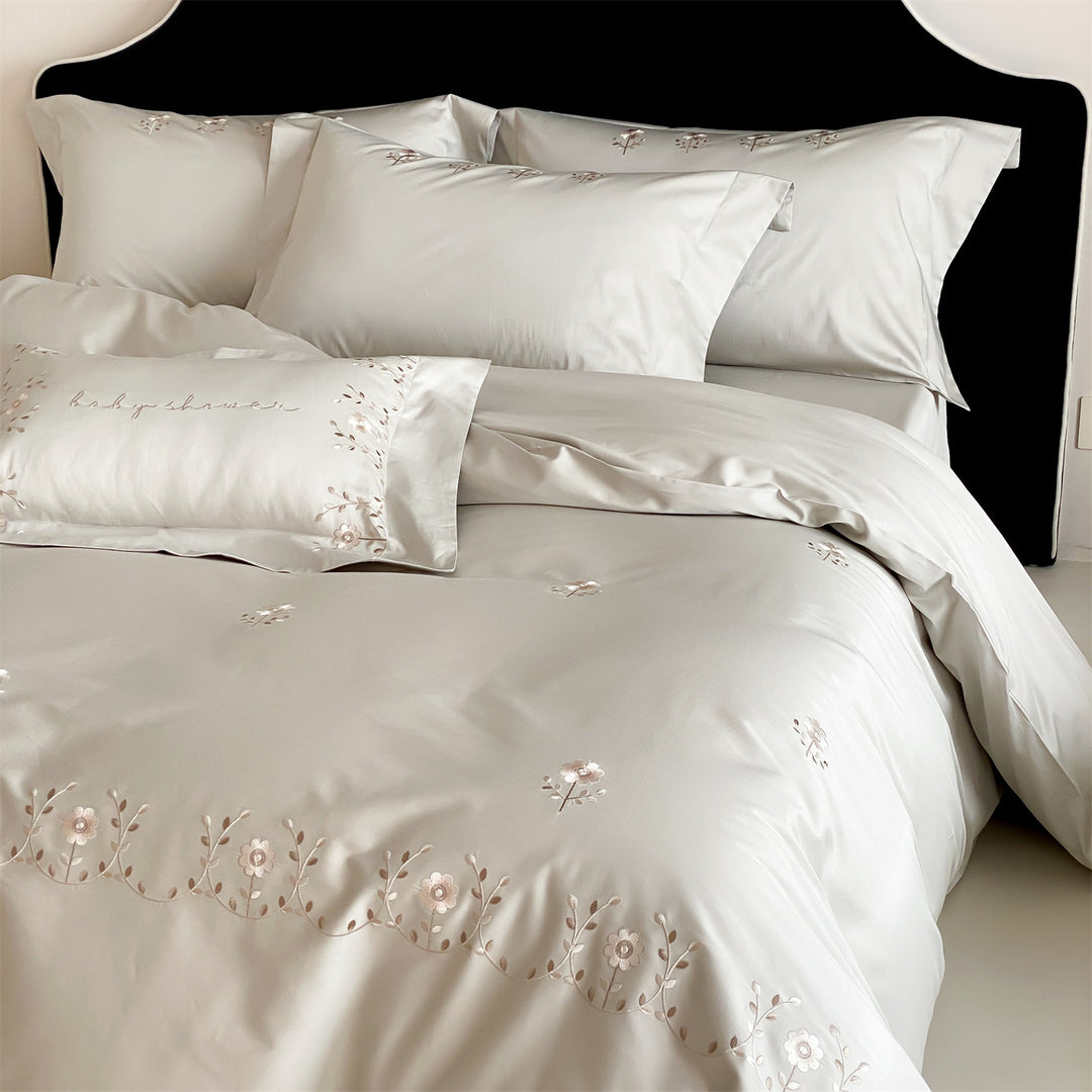 Embroidered Satin Duvet Cover Set with Delicate Floral Scroll