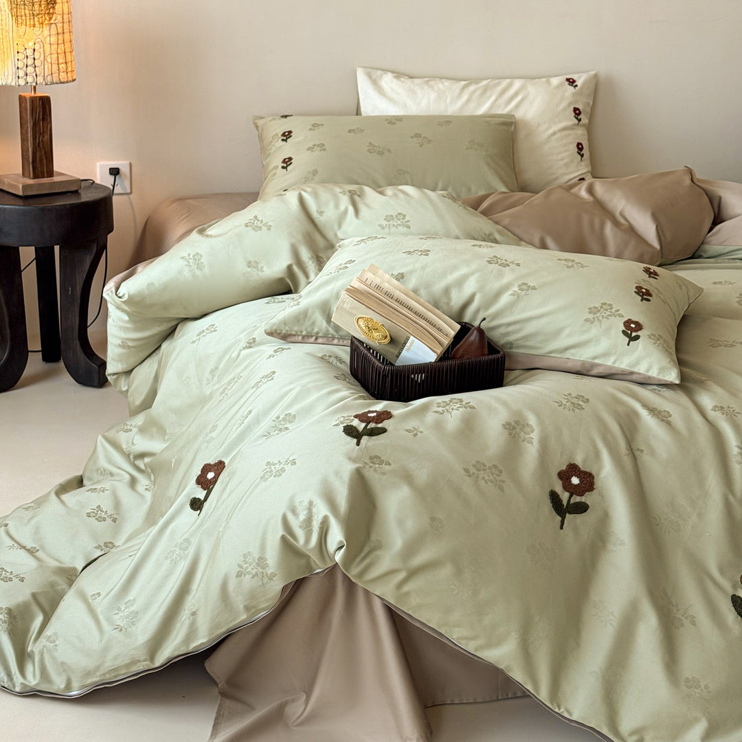 Embroidered Poppy Jacquard Duvet Cover Set with Reversible Sateen Back