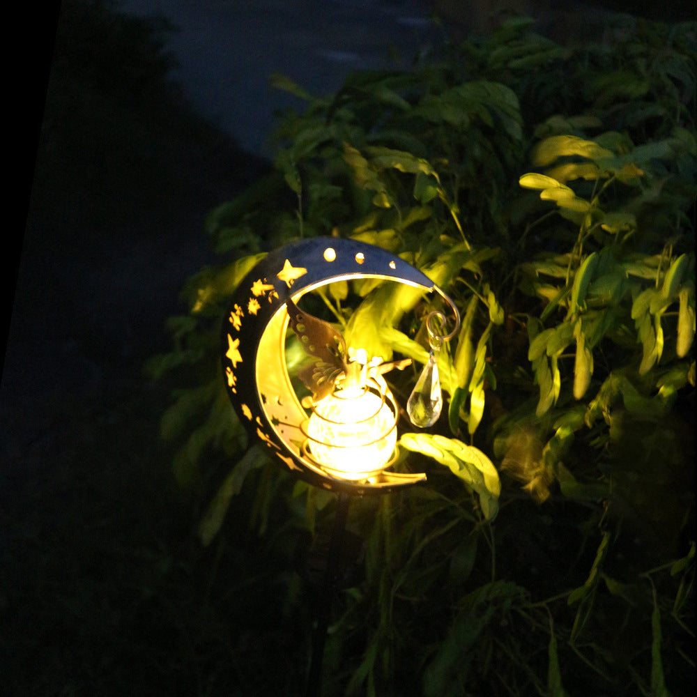 Decorative Crescent Moon Solar Garden Stake Lamp With Hanging Crystal Orb And Butterfly Stornfield