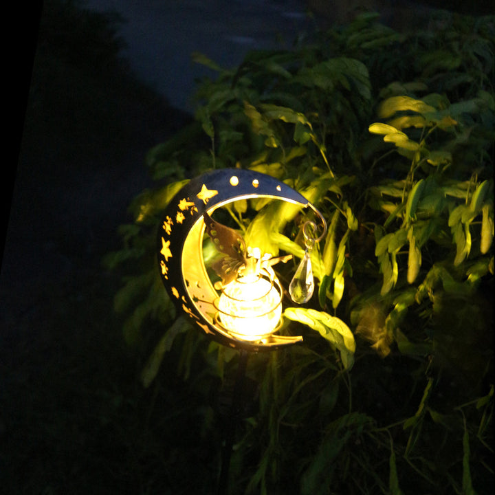Decorative Crescent Moon Solar Garden Stake Lamp With Hanging Crystal Orb And Butterfly Stornfield