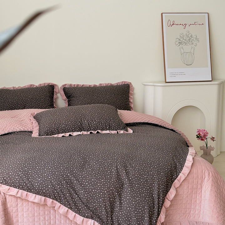 Floral Cotton Duvet Cover Set with Velvet-Trimmed Ruffled Shams and Plush Minky Throw