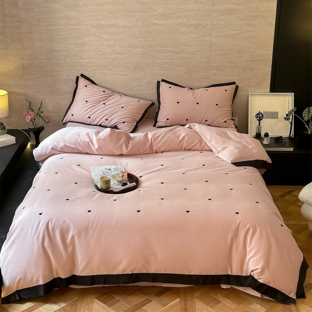 Heart-Embroidered Cotton Duvet Cover Set with Contrasting Border