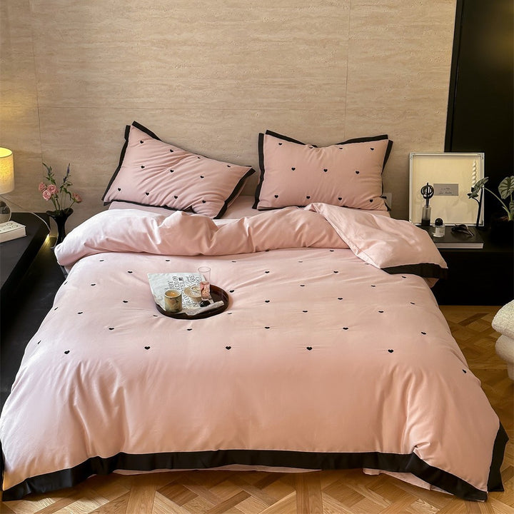 Heart-Embroidered Cotton Duvet Cover Set with Contrasting Border