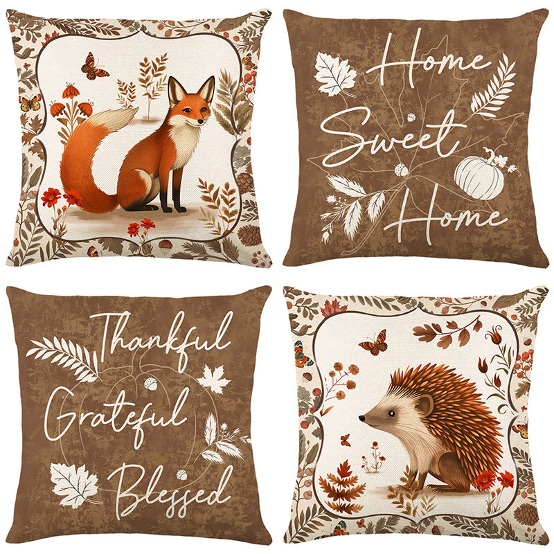 Rustic Farmhouse Square Cotton-Linen Decorative Pillow Cover with 'Home Sweet Home' Fall Pumpkin & Leaf Print