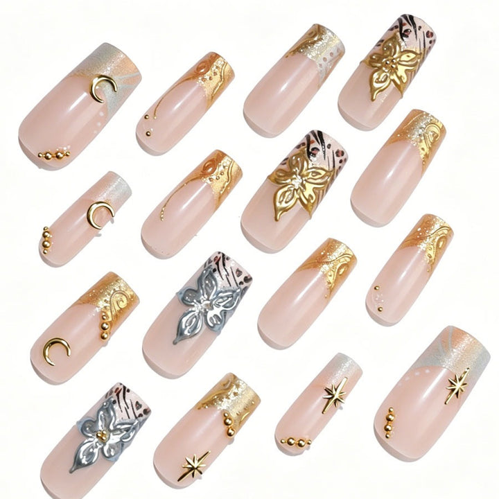 Luxurious artificial nail set with creative floral design and golden accents Stornfield