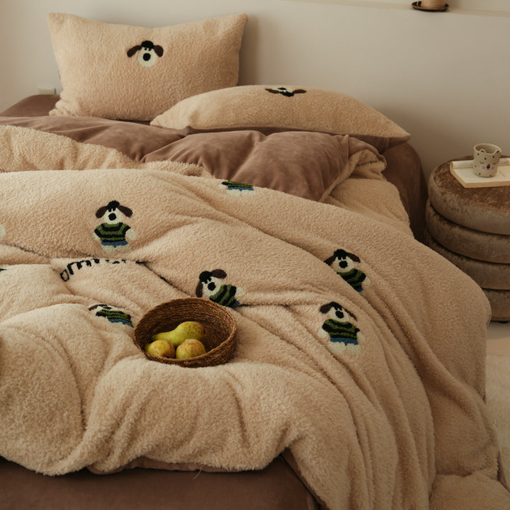 Plush Sherpa Embroidered Cartoon Dog Duvet Cover Set