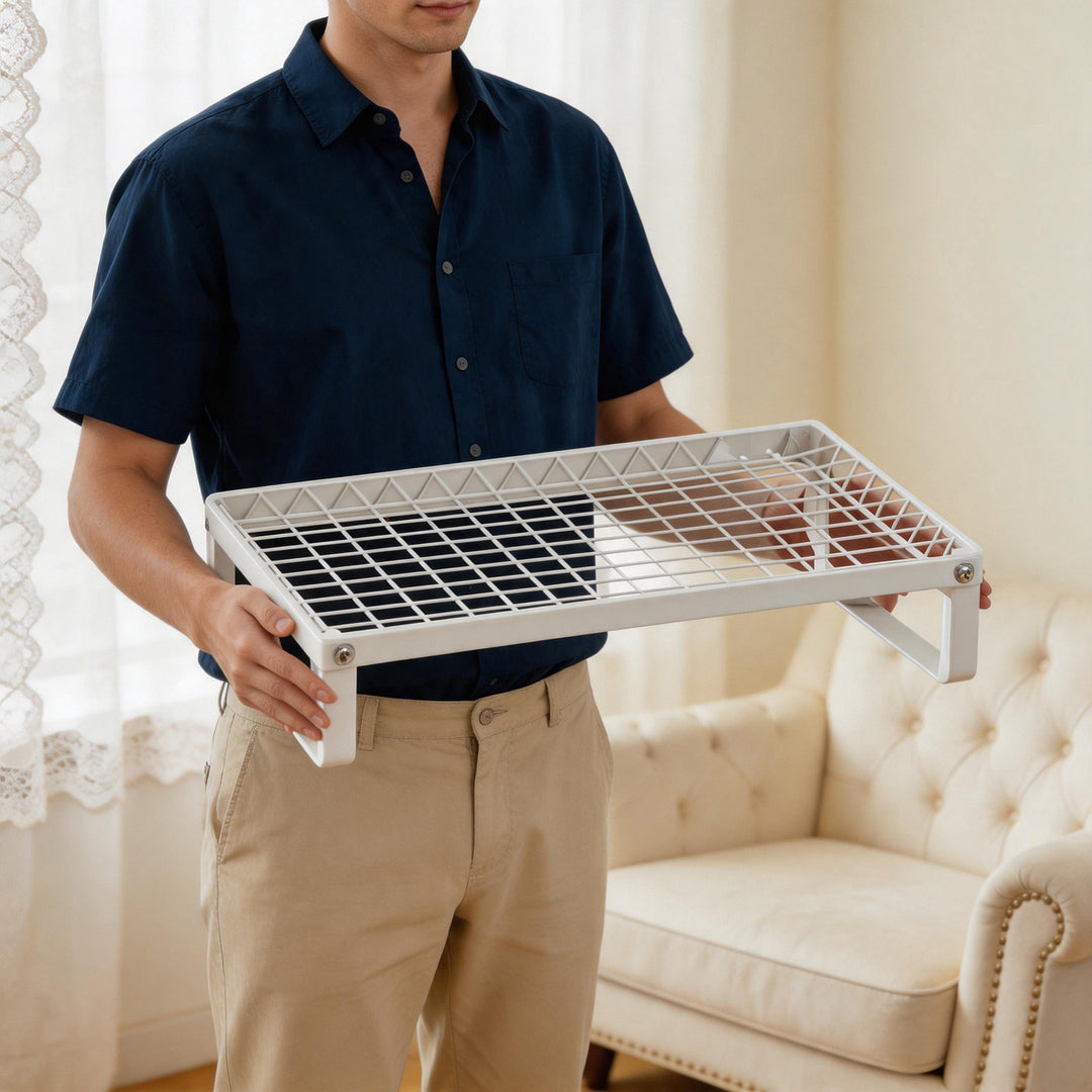 Ventilated Metal Grid Monitor and Desktop Riser with Under-Shelf Keyboard Storage