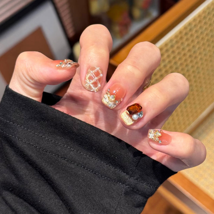 Decorative Press-On Nail Art Set with Gem Accents