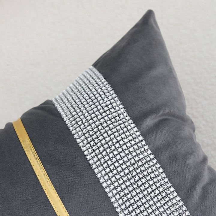 Decorative Velvet Square Throw Pillow with Metallic Trim and Rhinestone Band