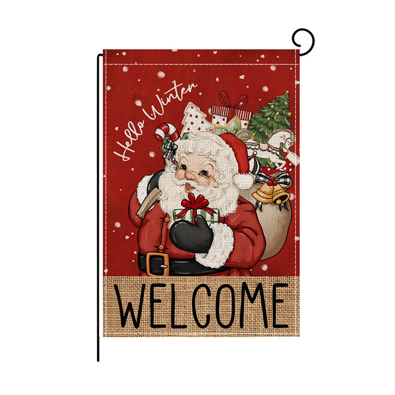 Holiday Welcome Burlap Garden Flag with Vintage Santa Illustration