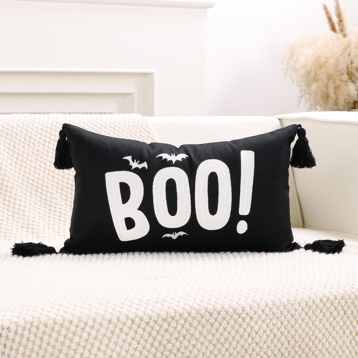 Halloween BOO Cotton-Linen Lumbar Accent Pillow Cover with Corner Tassels