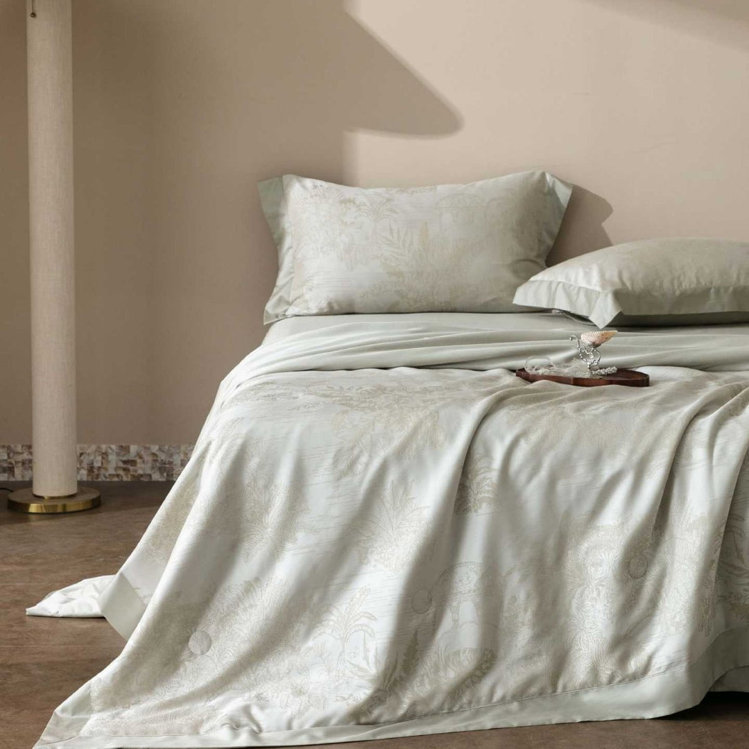 Premium cotton satin bedding set with fine toile pattern and hem decoration
