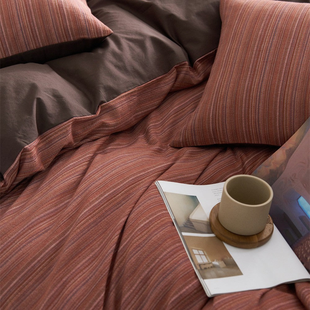 Finely striped cotton satin bedding set with reversible function and extra soft feel