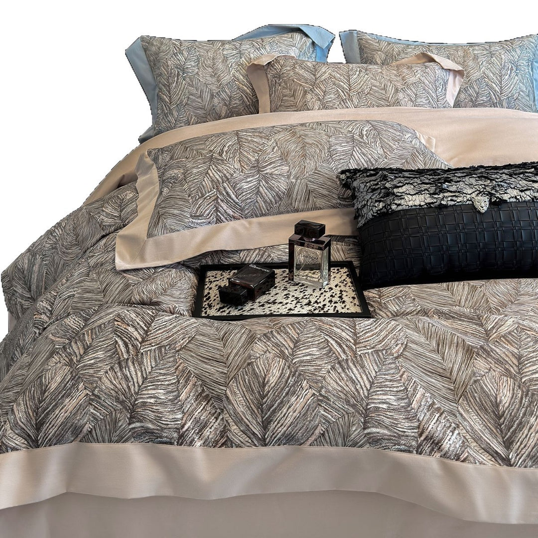Luxury Cotton-Sateen Botanical Duvet Cover Set with Contrast Piped Hem & Euro Shams