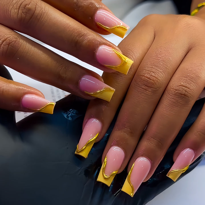 Elegant Acrylic French Tip Press-On Nails with Gold Detailing Stornfield
