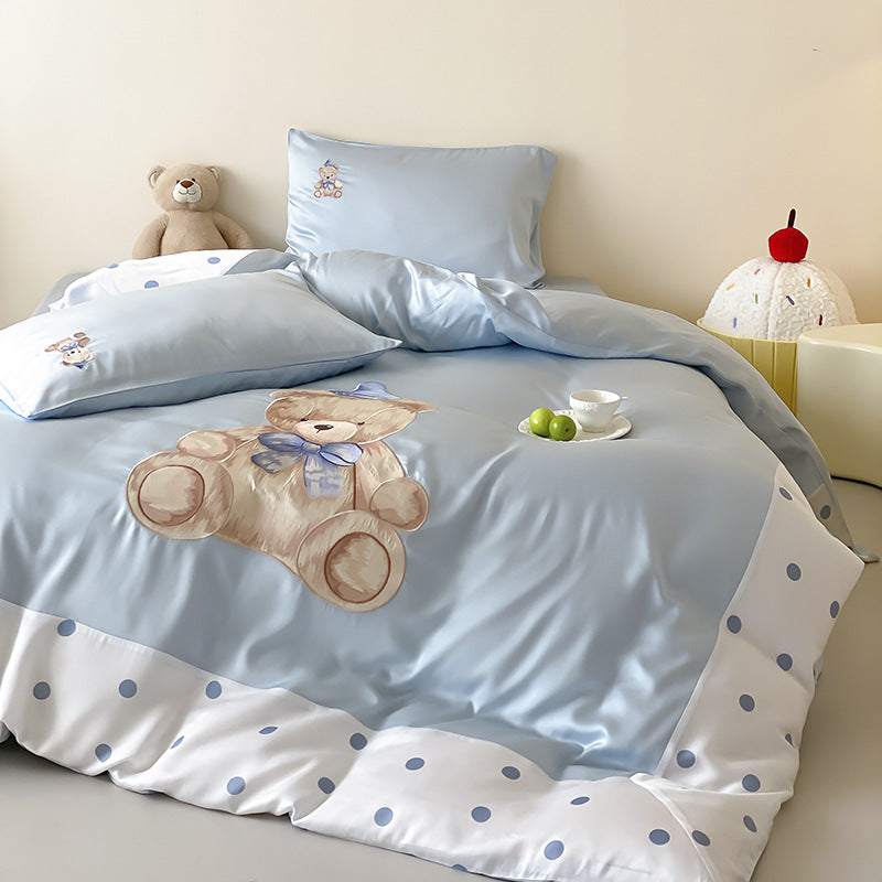 Reversible satin bedding set for children with a large watercolor teddy, polka dot border, and silky-matte finish