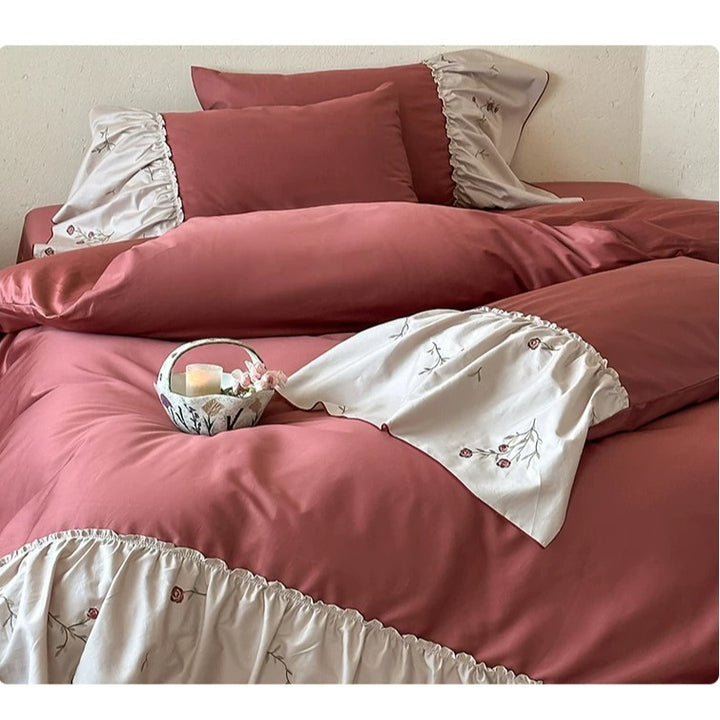 Luxury Ruffled Floral-Embroidered Sateen Duvet Cover Set