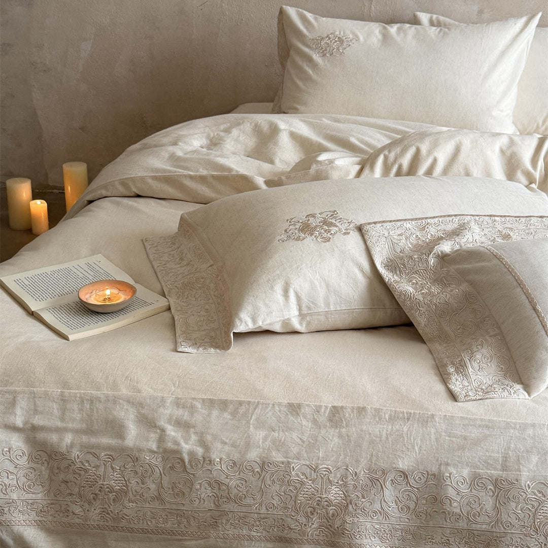 Artisan Washed Linen Duvet Cover Set with Hand‑stitched Baroque Embroidery