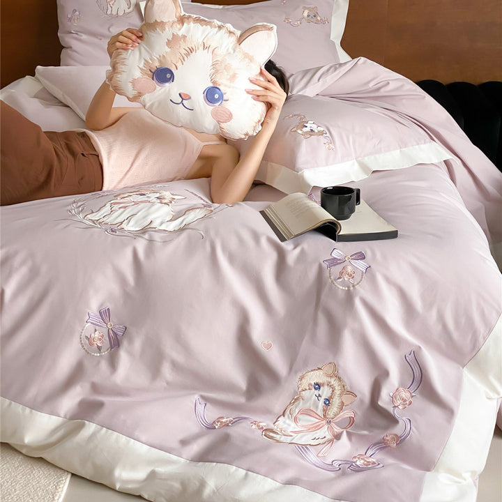 Luxurious Embroidered Cat Cotton Duvet Cover Set with Pillowcases and Plush Cat Throw Cushion