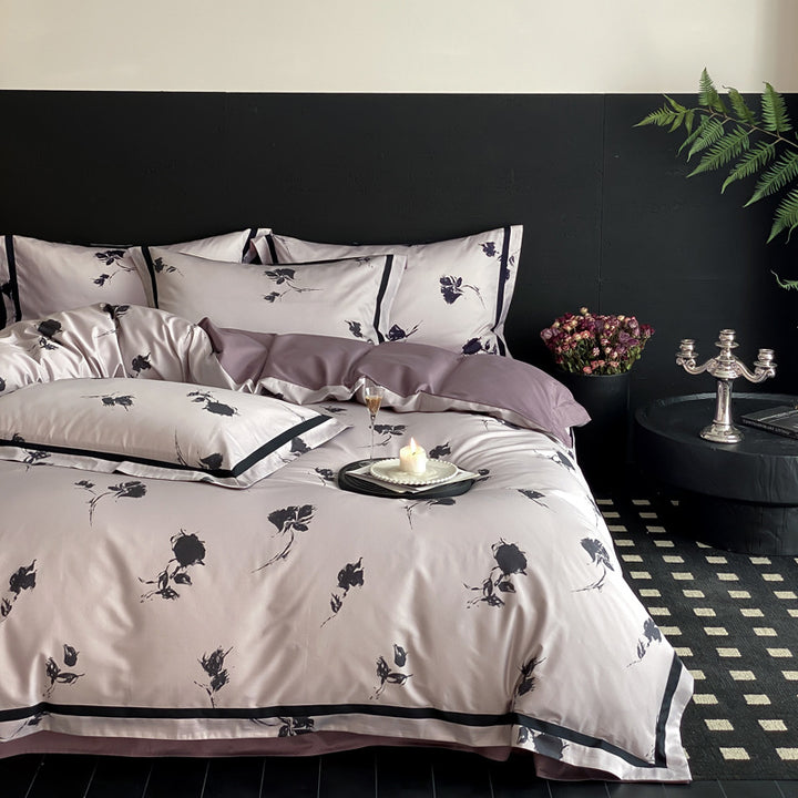 Reversible Satin-Finish Floral Duvet Cover Set with Contrast Border and Pillow Shams