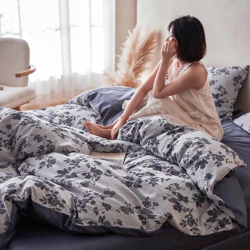 Floral Cotton Sateen Duvet Cover Set with Tied Pillow Shams