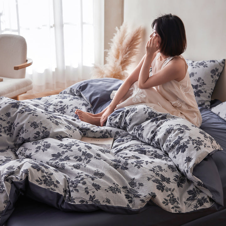 Floral Cotton Sateen Duvet Cover Set with Tied Pillow Shams