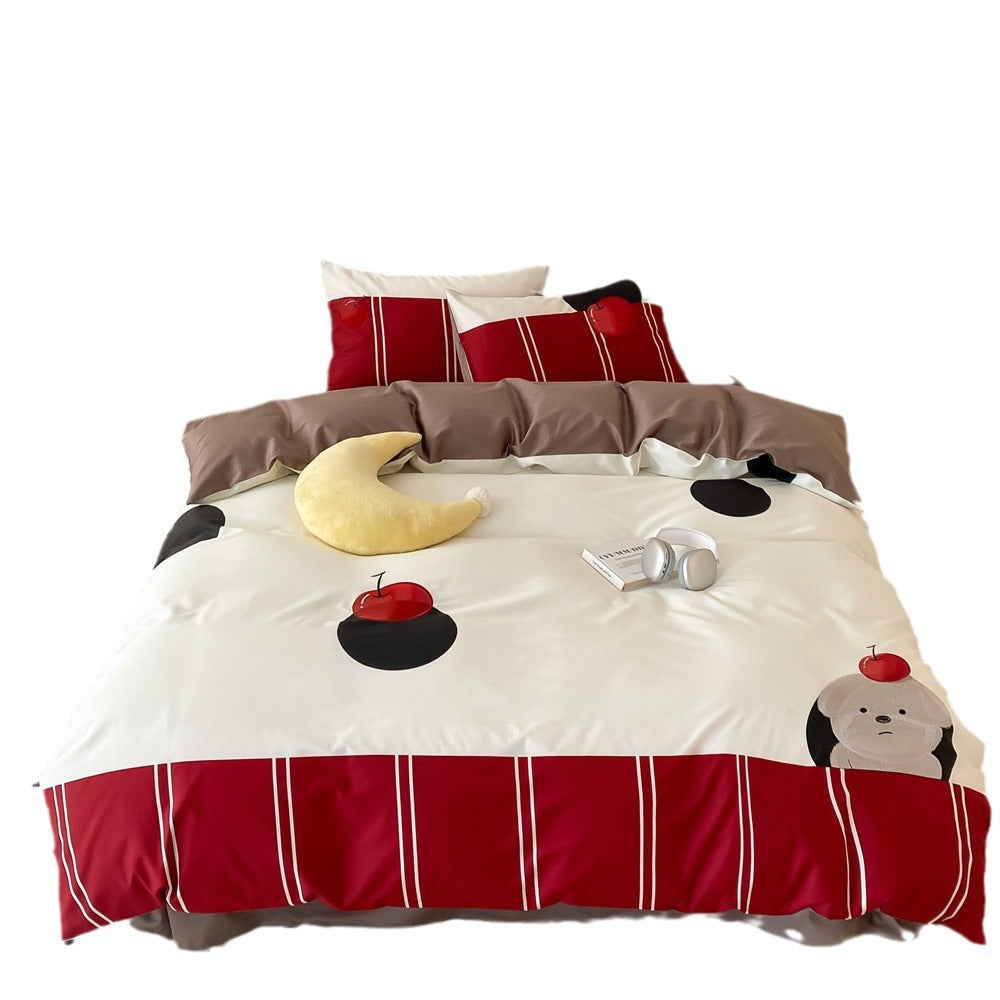 Graphic Cherry Print Cotton Sateen Duvet Cover Set with Contrast Border and Pillow Shams